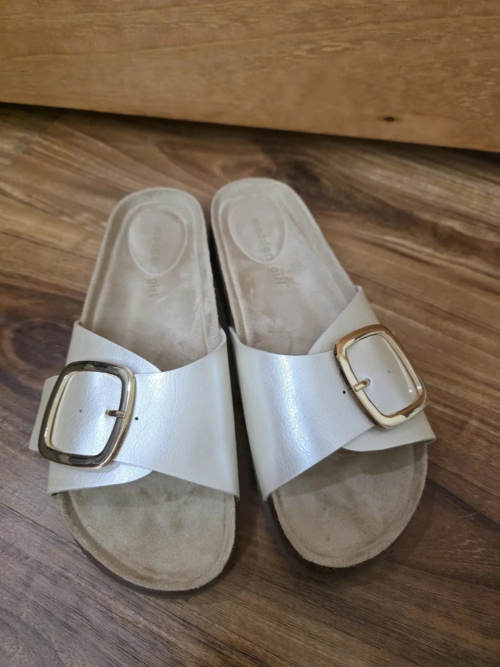 Women’s White Slide Sandals with Gold Buckle
